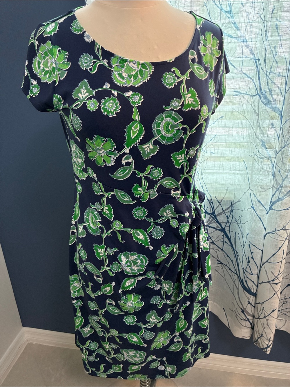 Talbots Navy Dress with Green Floral Print